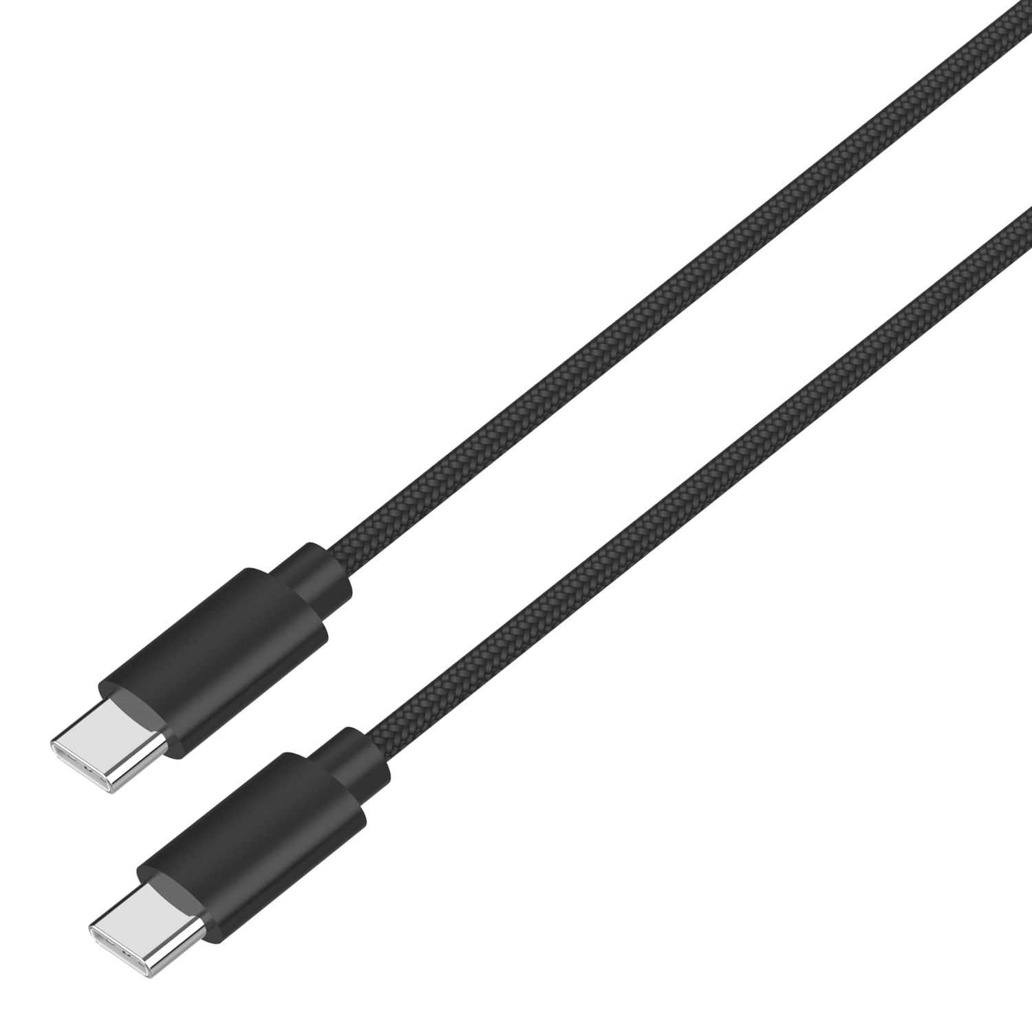 Dos cables USB-C negros con textura trenzada y conectores metálicos sobre fondo negro.