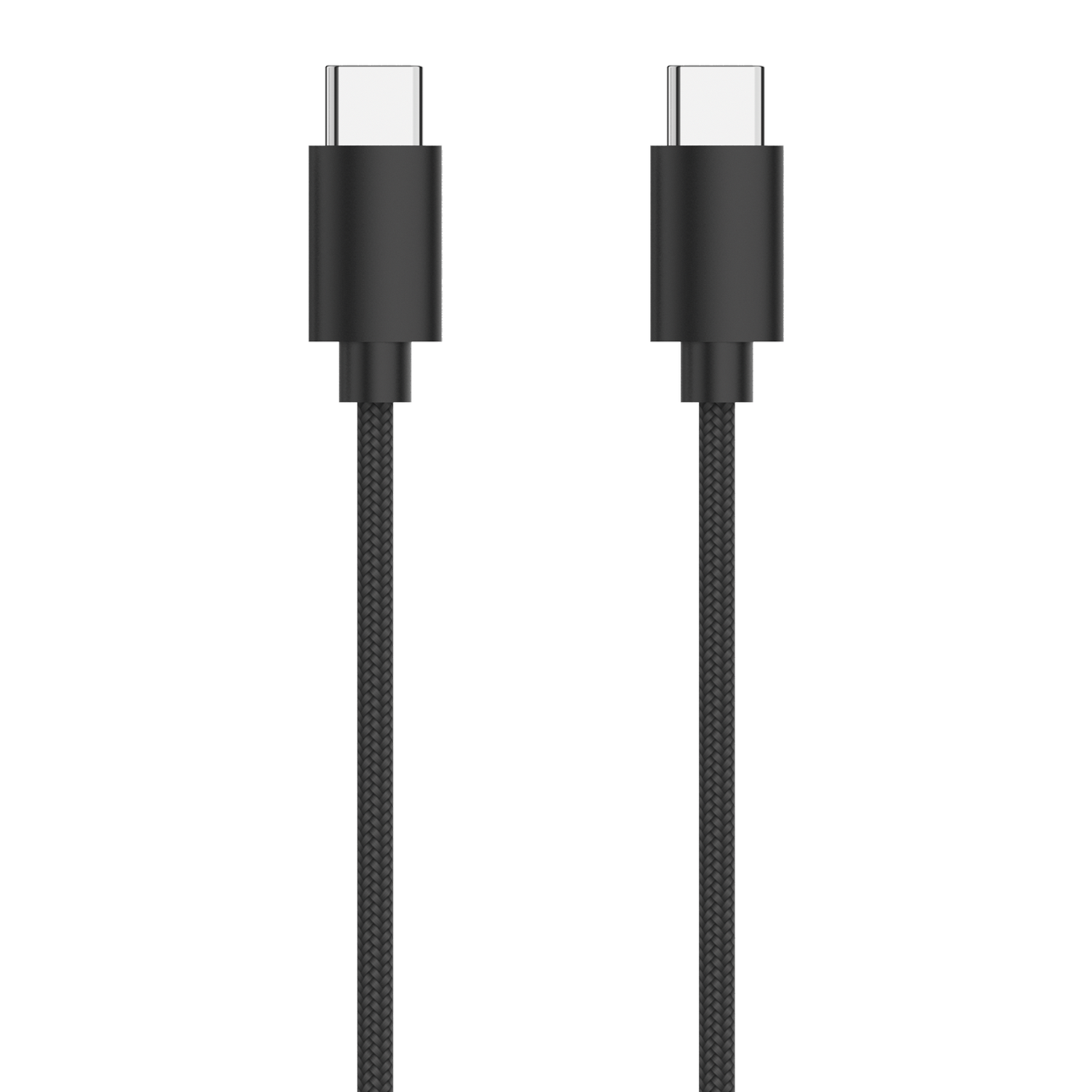 Dos cables USB-C trenzados negros con conectores plateados sobre fondo negro.