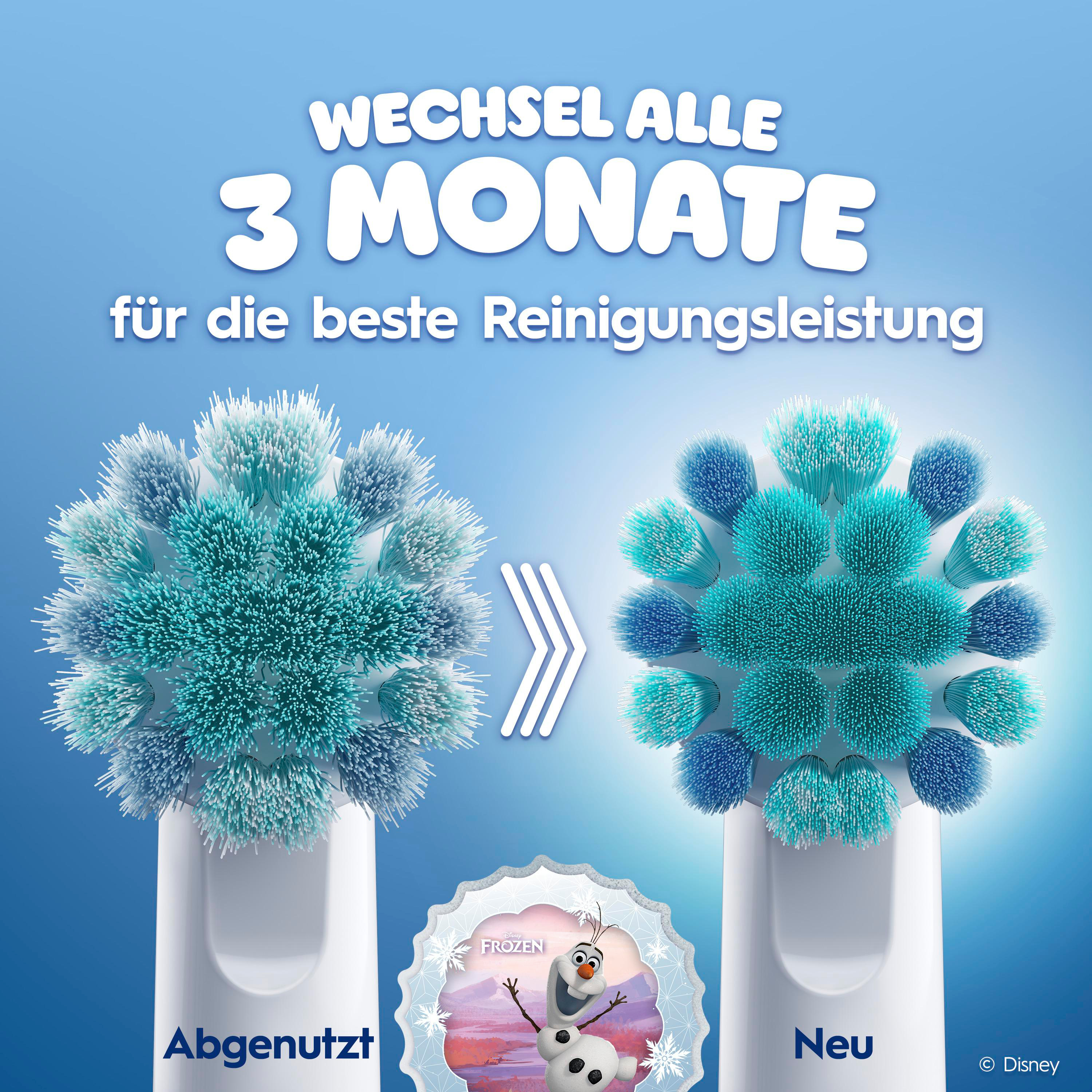 Vergleich zweier Zahnbürstenköpfe: links abgenutzt mit blassen Borsten, rechts neu mit kräftigen blauen Borsten.
