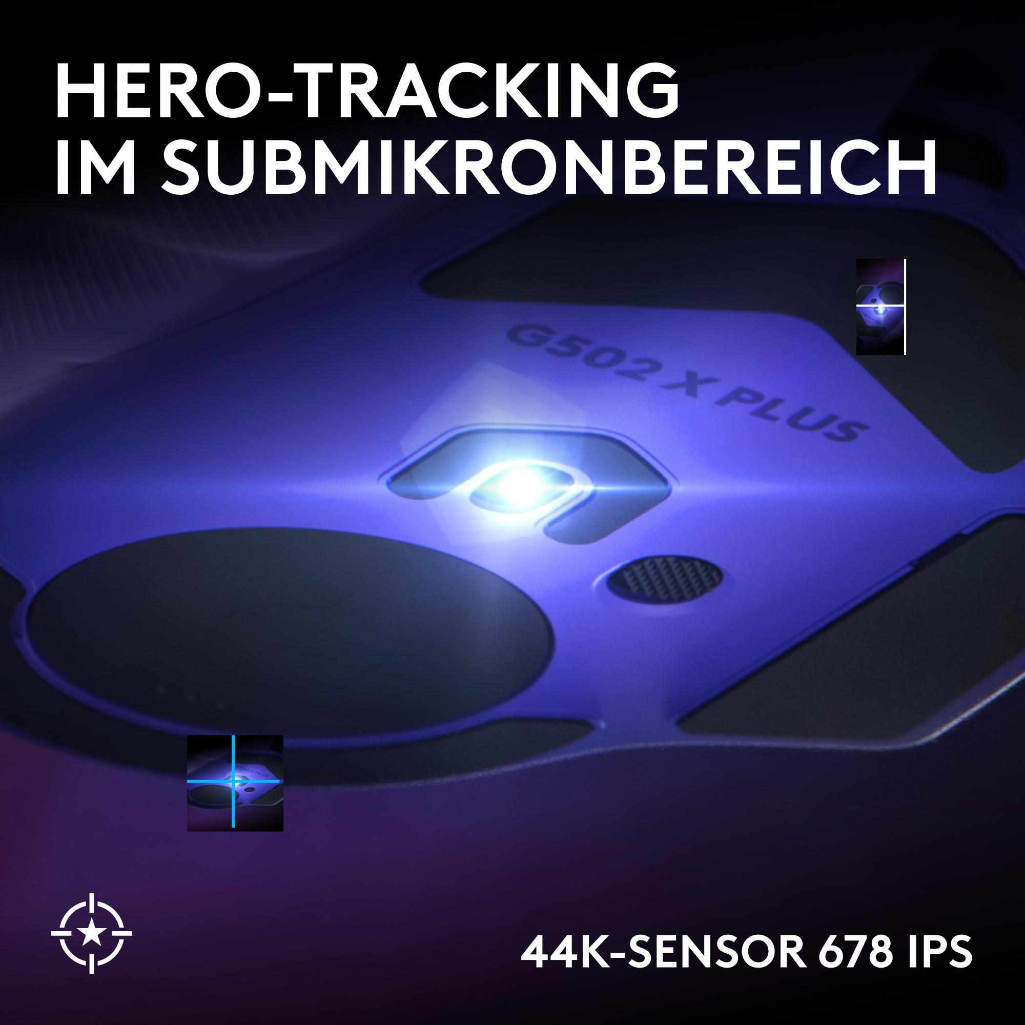 Die Unterseite einer blauen G502 X PLUS Maus mit hellem Sensorenlicht und Text: HERO-TRACKING IM SUBMIKRONBEREICH.