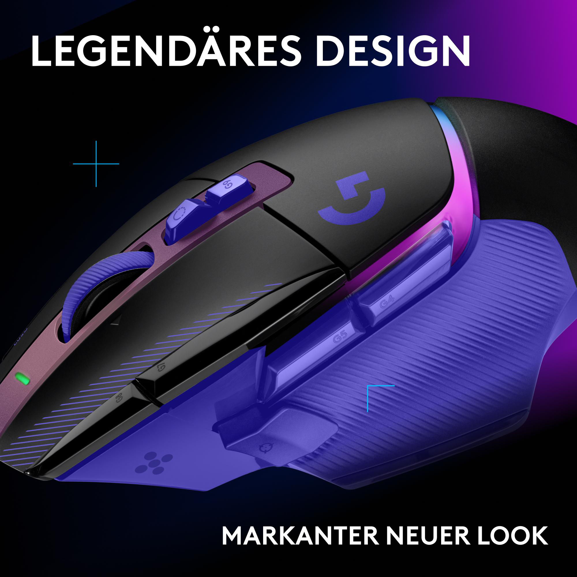 Eine schwarze Gaming-Maus mit blauer und lila Beleuchtung, seitlichen Tasten und der Aufschrift Legendäres Design.
