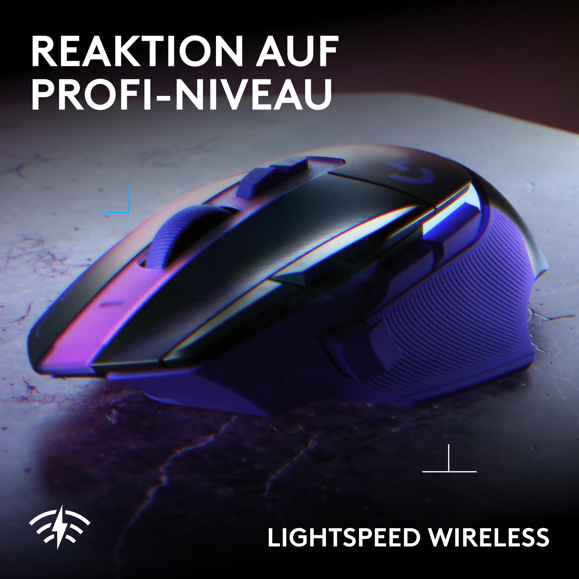 Eine schwarze und blaue kabellose Gaming-Maus auf einer dunklen Oberfläche mit deutschem Werbetext.