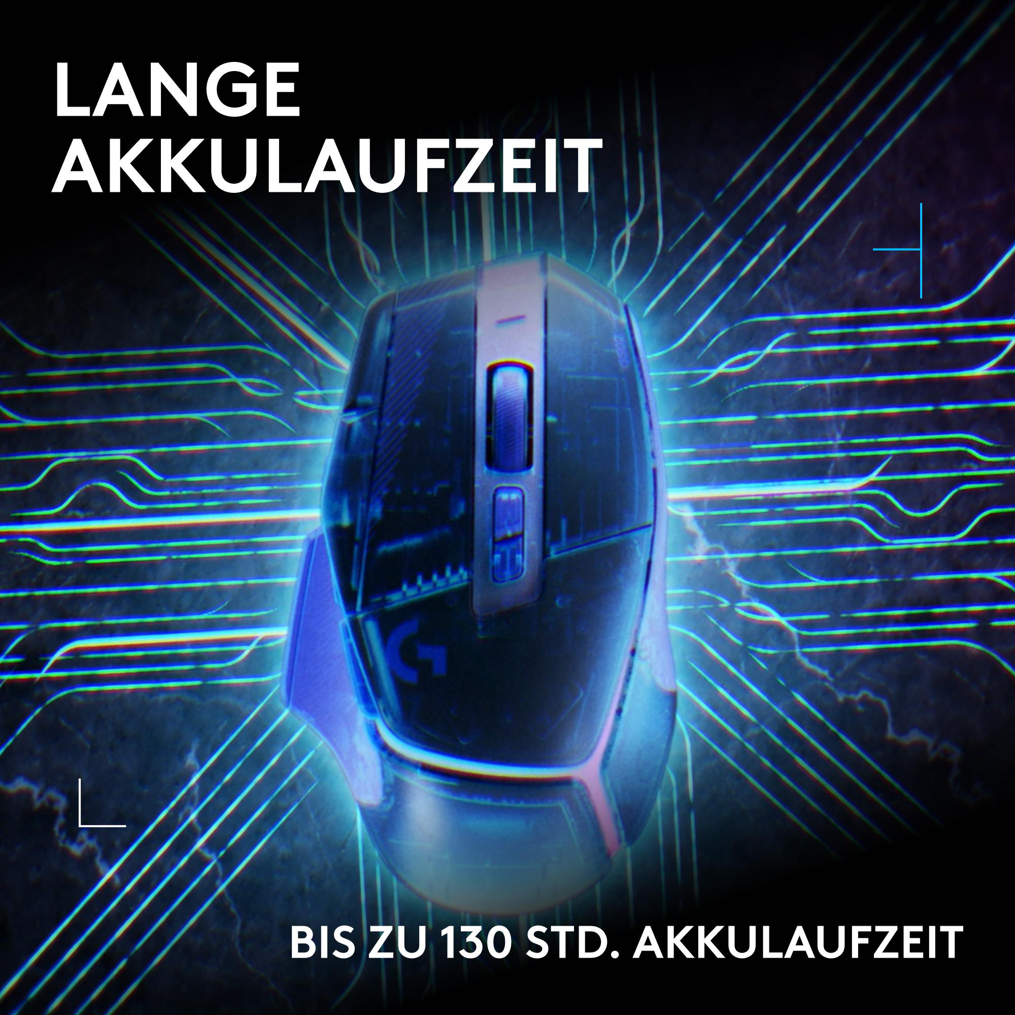 Eine kabellose Gaming-Maus vor einem leuchtenden blauen Hintergrund mit digitalen Mustern und deutscher Text.