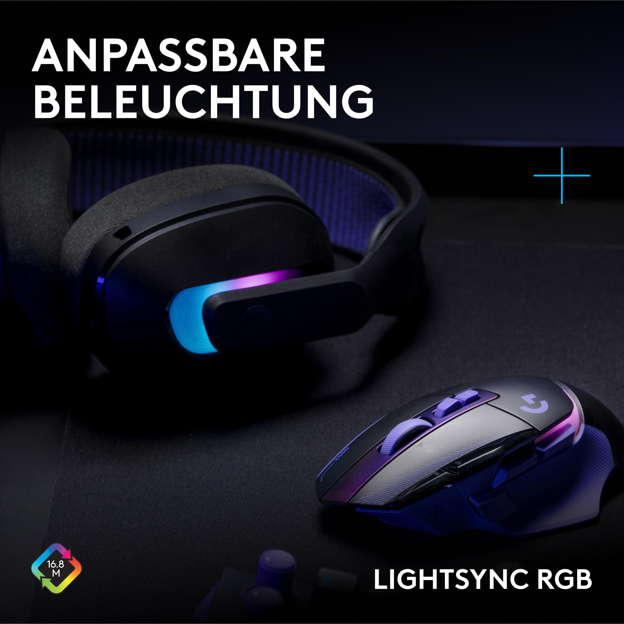 Schwarzes Gaming-Headset und RGB-Maus mit blauer und lila Beleuchtung auf dunkler Oberfläche.