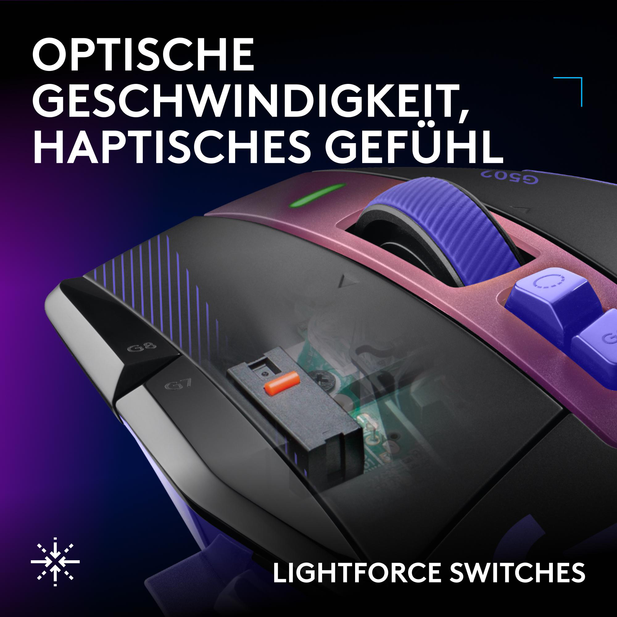 Nahaufnahme einer Gaming-Maus mit sichtbaren optischen Lightforce-Schaltern und blauen Tasten.