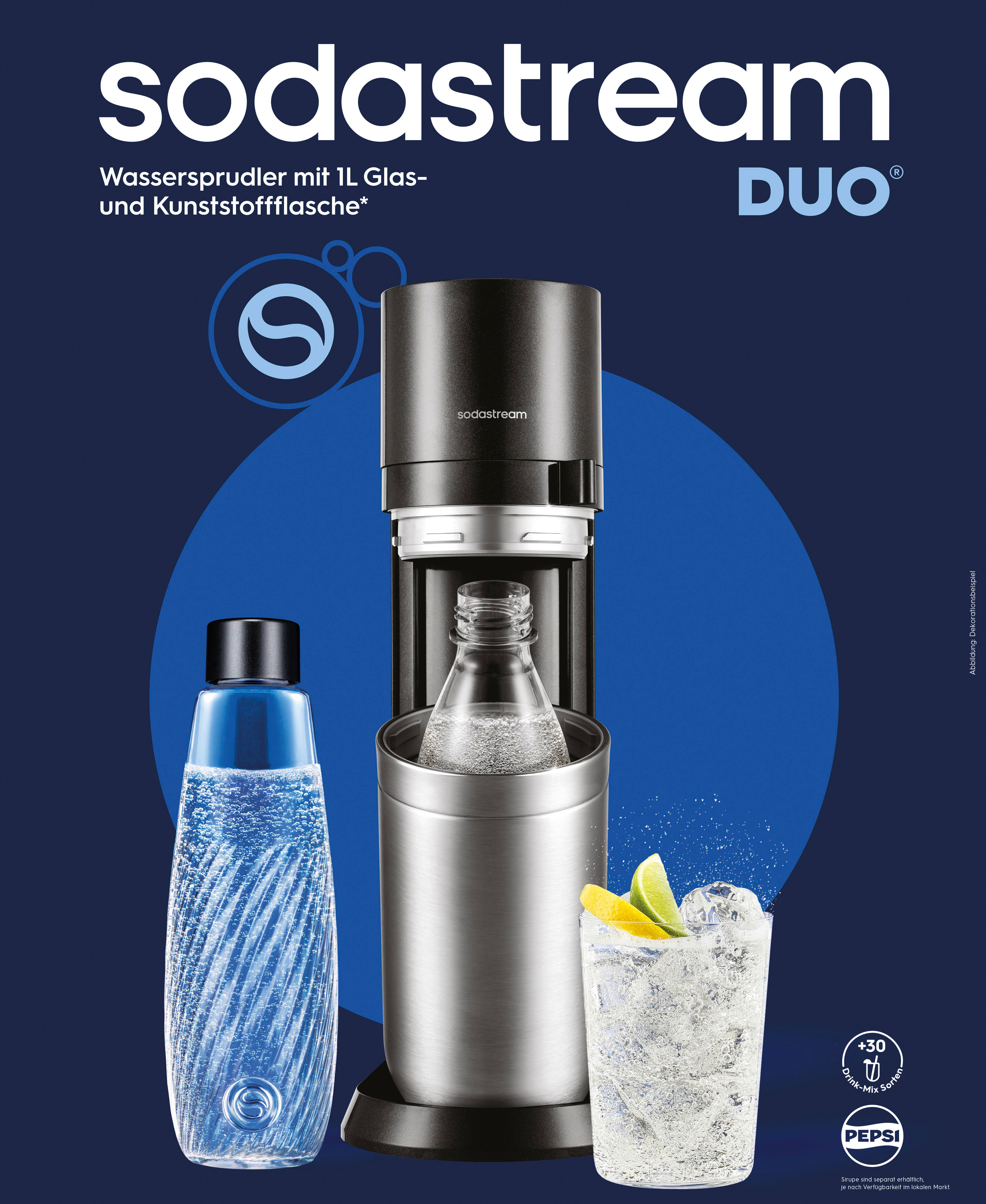 Sodastream Duo Wassersprudler mit Flasche und einem Glas mit Sprudelwasser, Eis und Limette vor blauem Hintergrund.