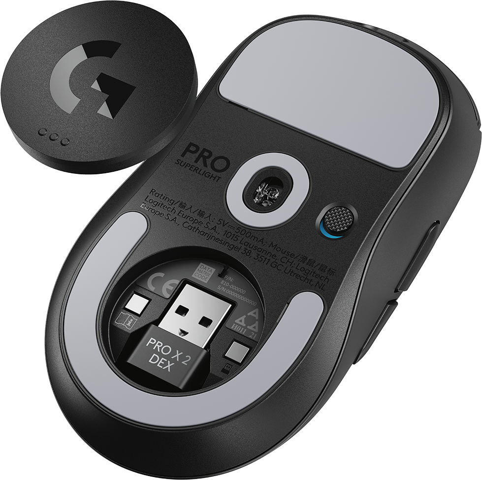 Fekete Logitech Pro X 2 DEX egér alja USB vevővel és mágneses fedéllel.