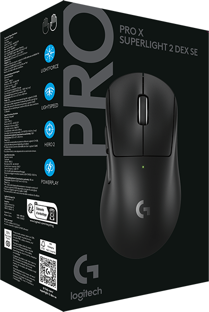 A Logitech PRO X Superlight 2 DEX SE gamer egér fekete csomagolása termékképpel.