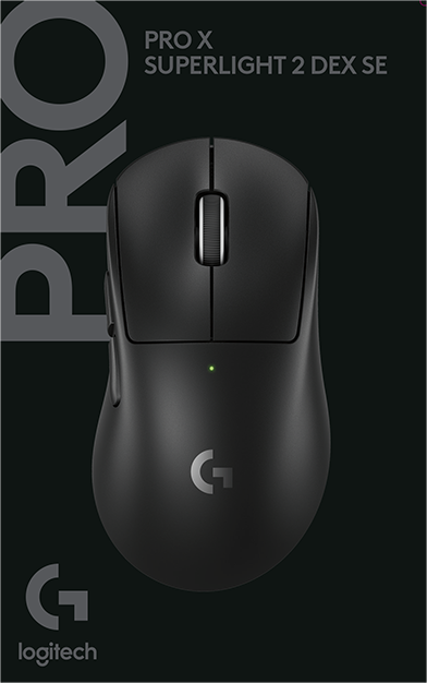Egy fekete Logitech Pro X Superlight 2 Dex SE vezeték nélküli egér sötét háttérrel.