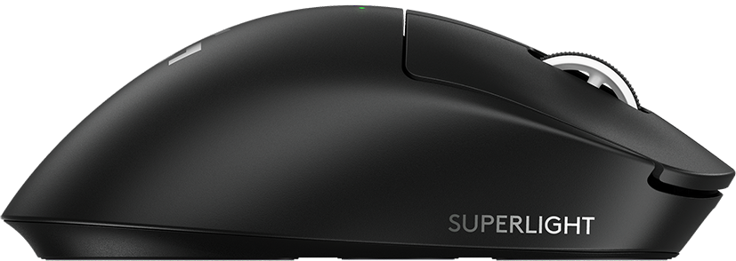 Fekete vezeték nélküli gamer egér oldalszöveggel: SUPERLIGHT a jobb oldalon.