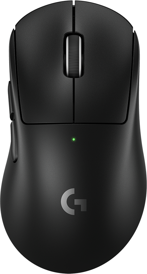 Fekete vezeték nélküli számítógépes egér zöld LED-fénnyel és ezüst Logitech G logóval.
