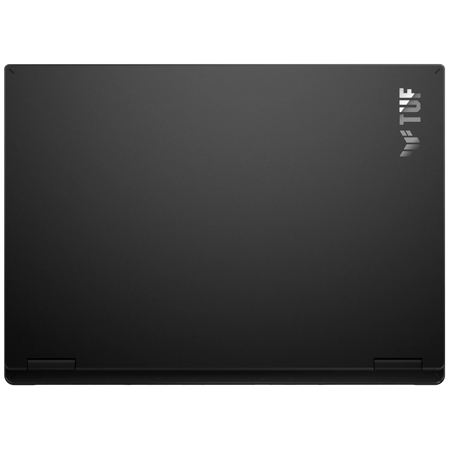 Het gesloten bovenste deksel van een zwarte laptop met het TUF-logo in de rechterbovenhoek.