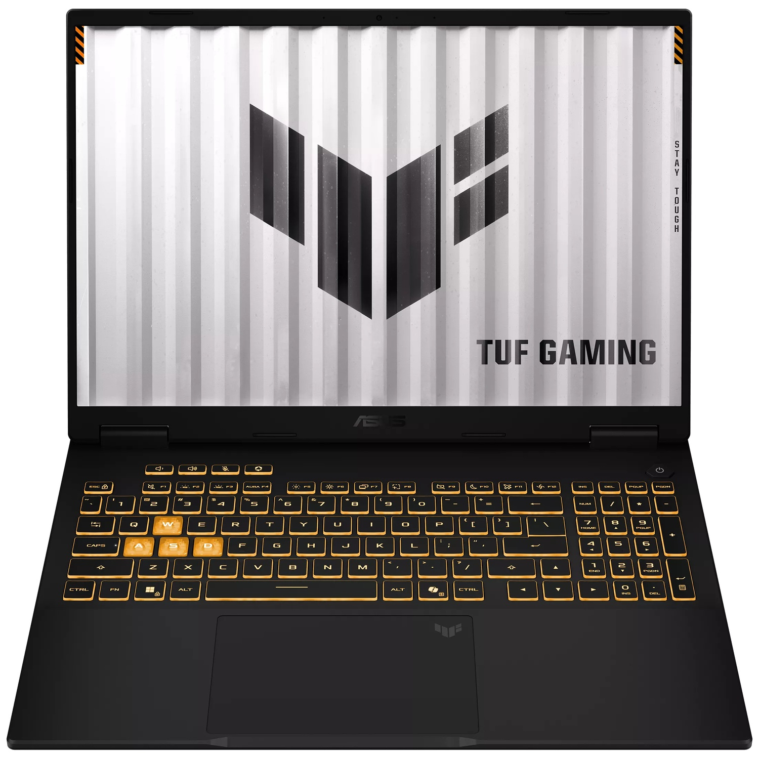 Een open ASUS TUF gaming-laptop met levendig oranje verlichte toetsen en het TUF-logo op het scherm.