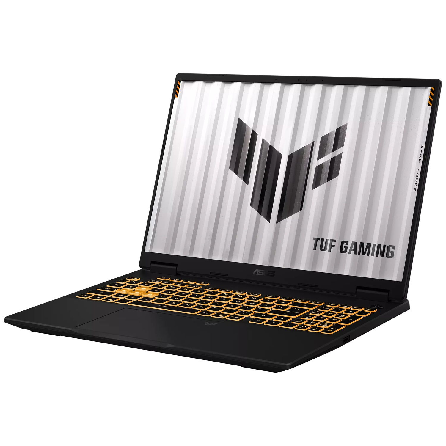 Een zwarte ASUS TUF gaming-laptop met verlicht toetsenbord en een gamelogo op het scherm.