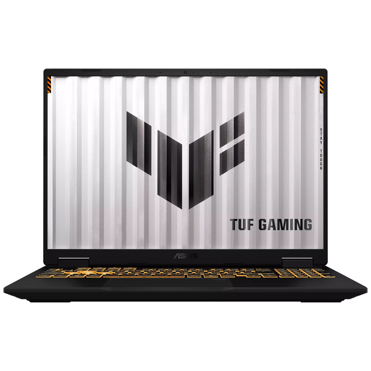 Vooraanzicht van een zwarte ASUS TUF Gaming laptop met verlicht toetsenbord en opvallend logo op het scherm.