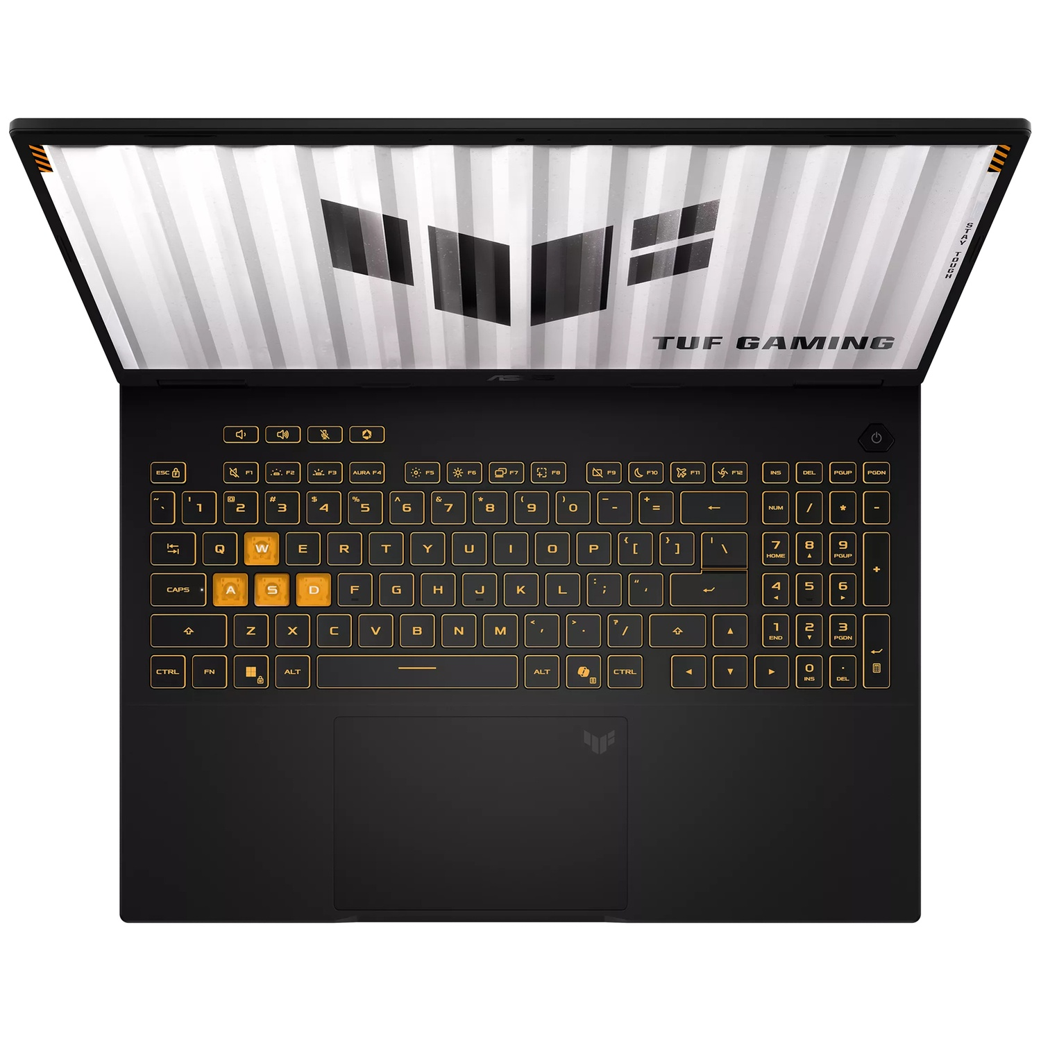 Bovenaanzicht van een zwarte TUF Gaming-laptop met verlicht geel toetsenbord en logo op het scherm.