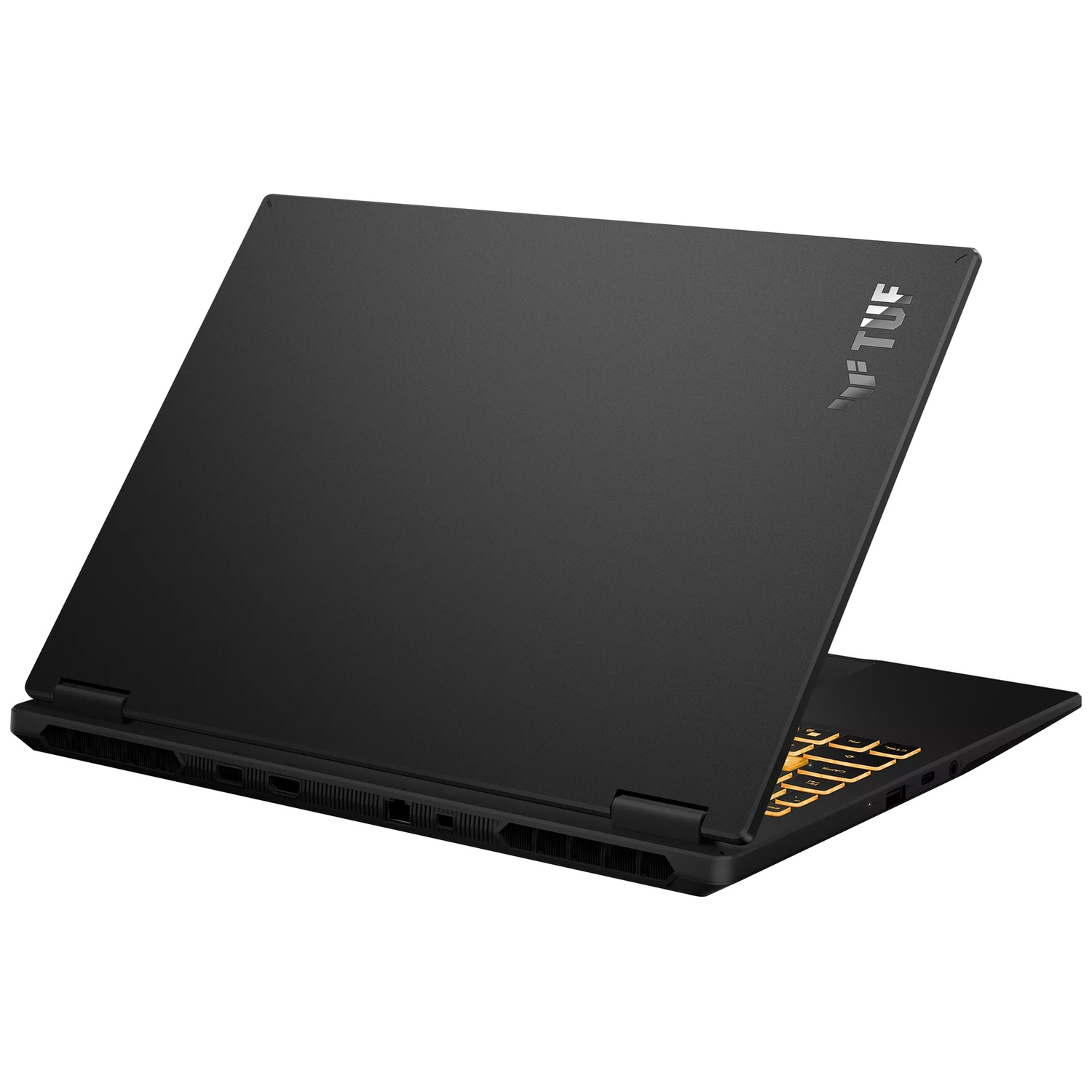 Een gesloten zwarte ASUS TUF-gaminglaptop van rechtsachter, met poorten en oranje toetsenbordverlichting.