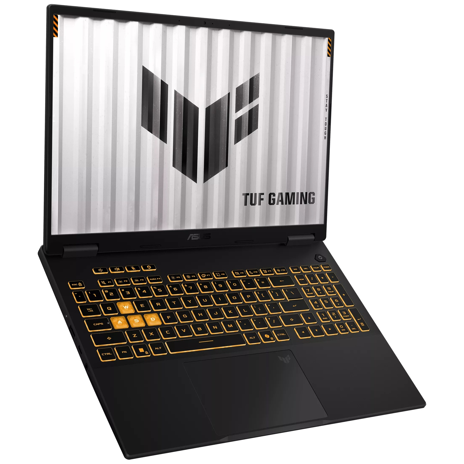 Een zwarte Asus TUF Gaming laptop met een oranje verlicht toetsenbord en het TUF-logo op het scherm.