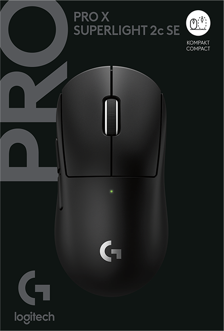 Fekete Logitech PRO X Superlight 2c SE egér fekete háttérrel és szöveggel.