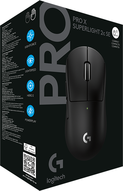 Fekete Logitech PRO X Superlight 2c SE gamer egér a csomagolása előtt.
