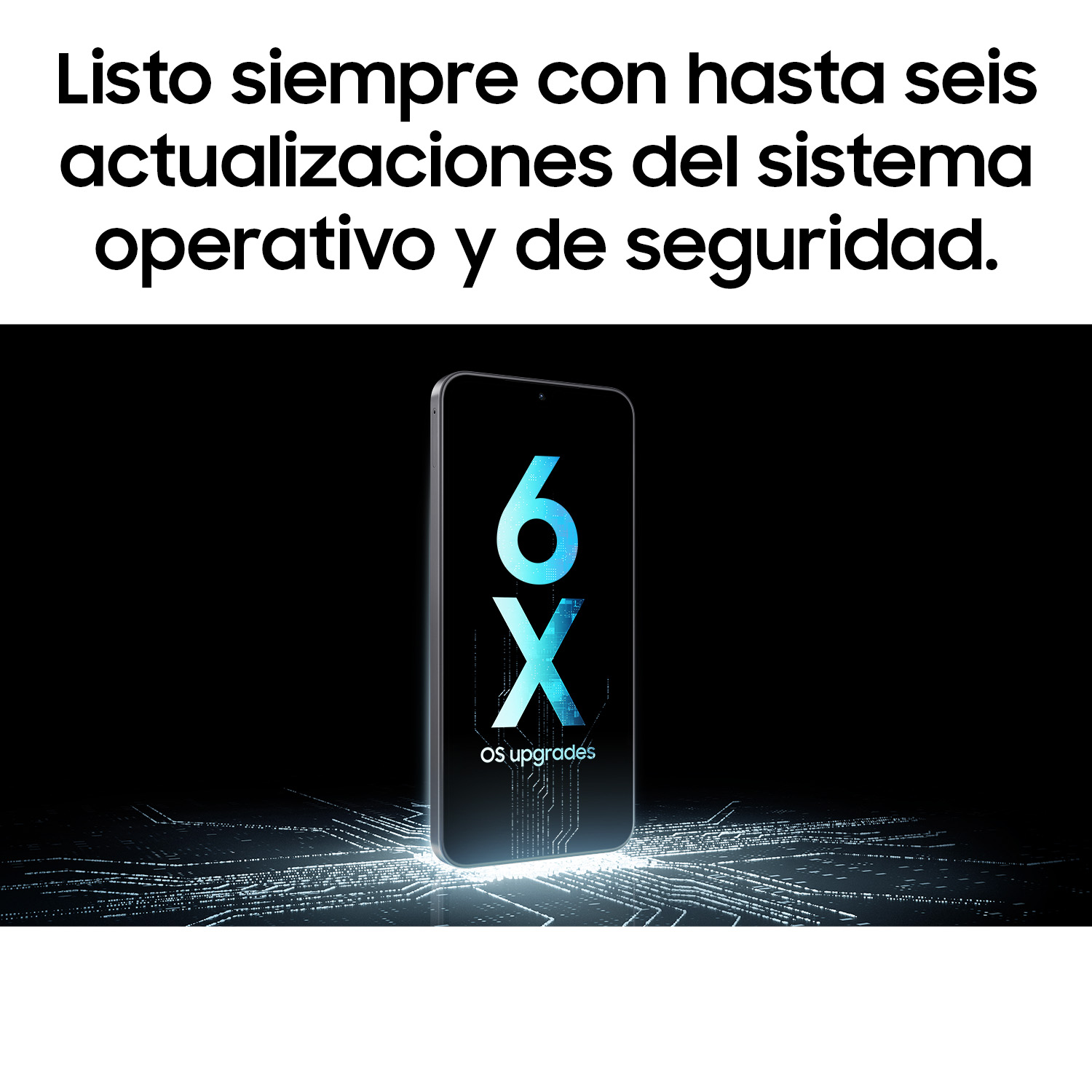 Smartphone sobre fondo ciberpunk brillante con 6X OS upgrades y texto arriba.