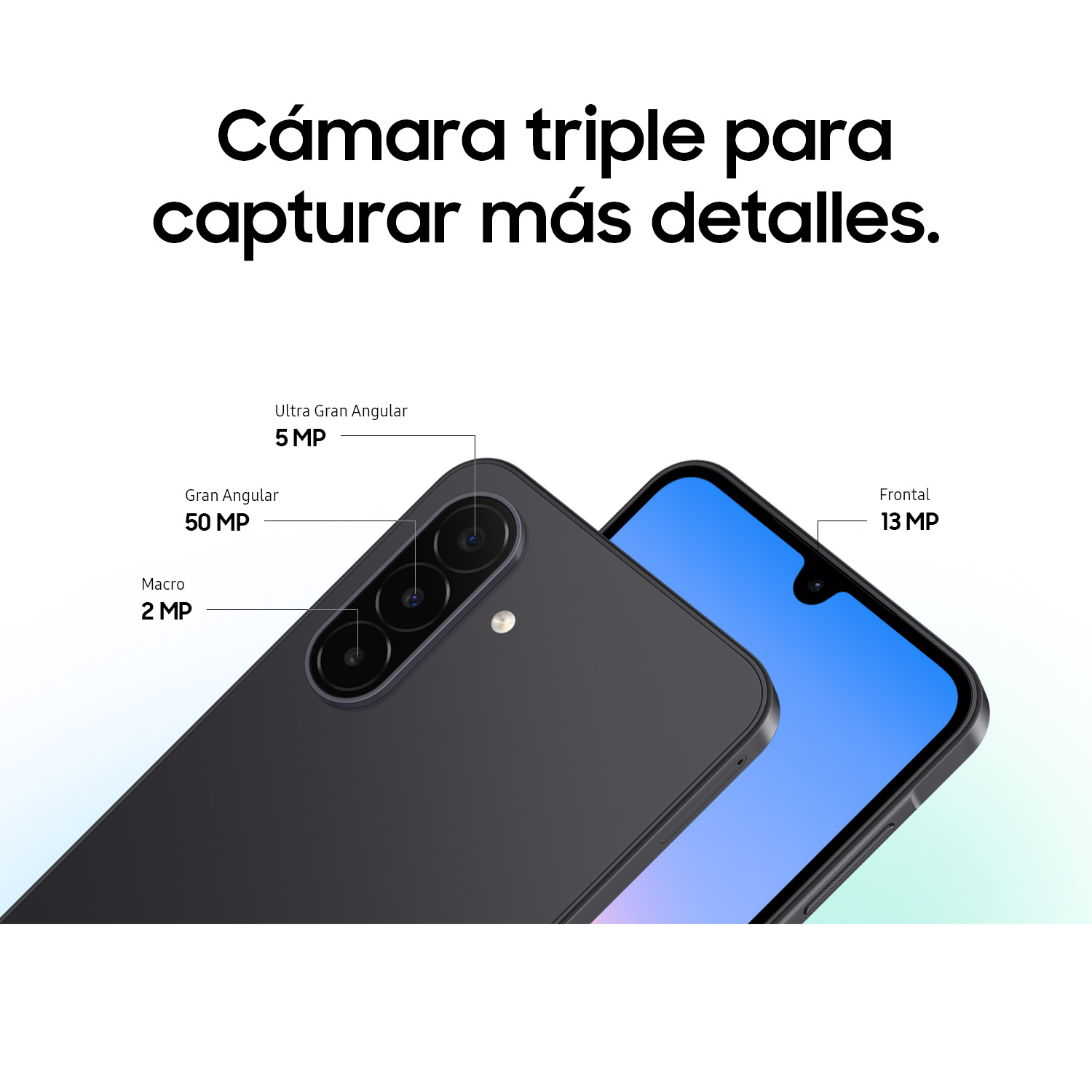 Smartphone con cámara triple y especificaciones.