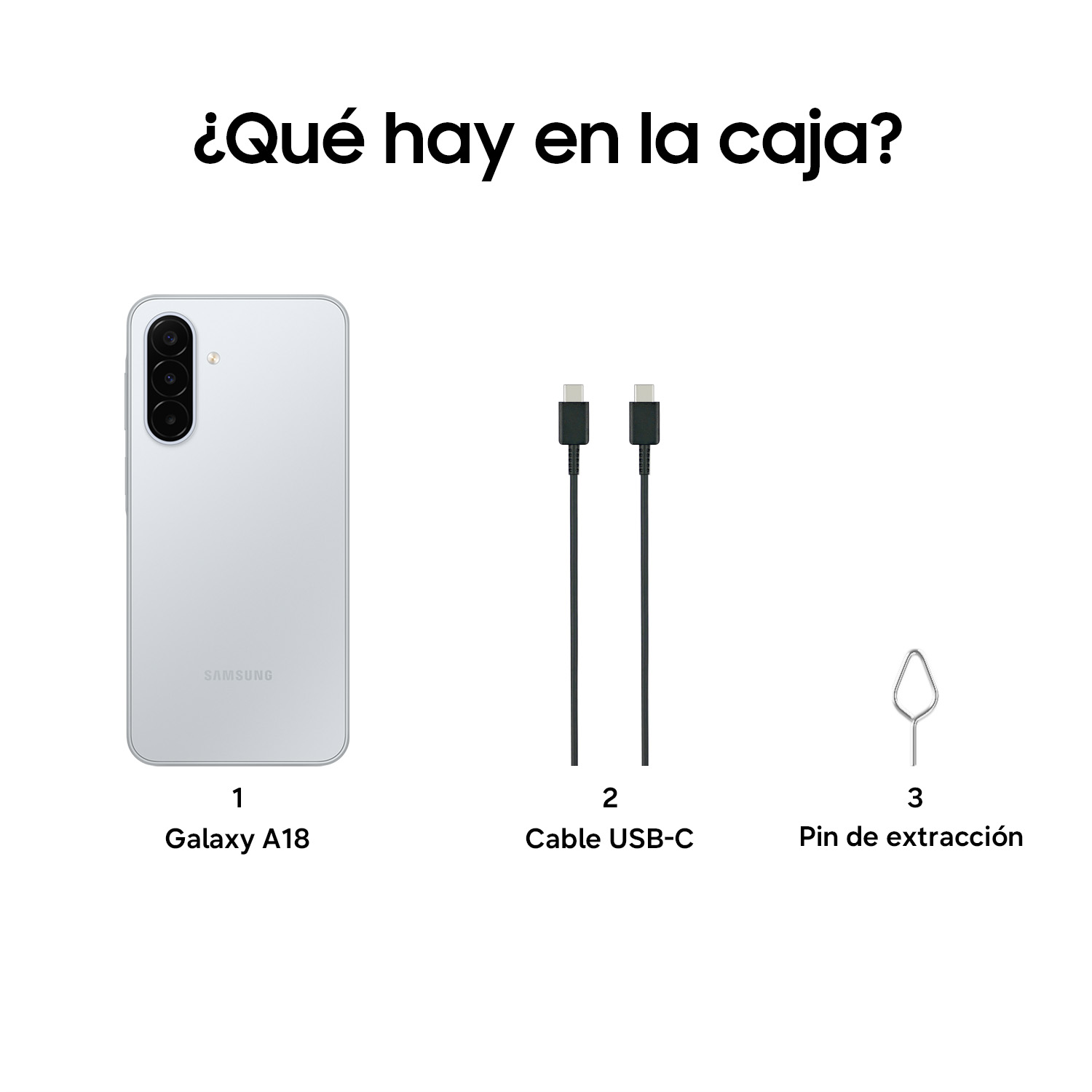 Contenido: Un smartphone claro, un cable USB-C y un pin de extracción.