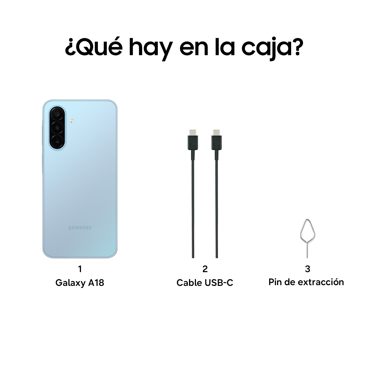 El diagrama muestra el contenido de la caja: smartphone Galaxy A18, cable USB-C y pin de extracción.