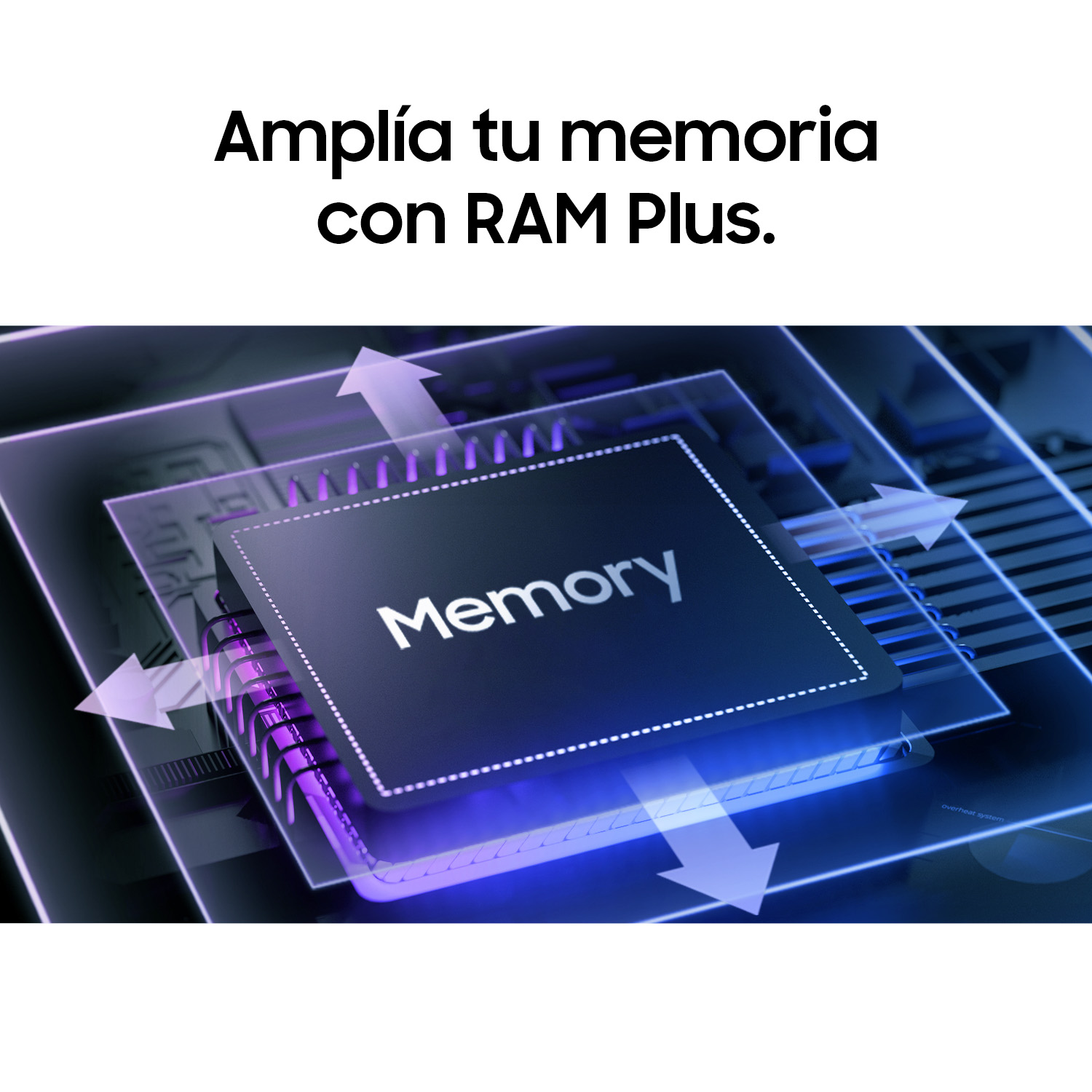 Un chip de computadora con la etiqueta Memory con luz azul y flechas de RAM Plus.