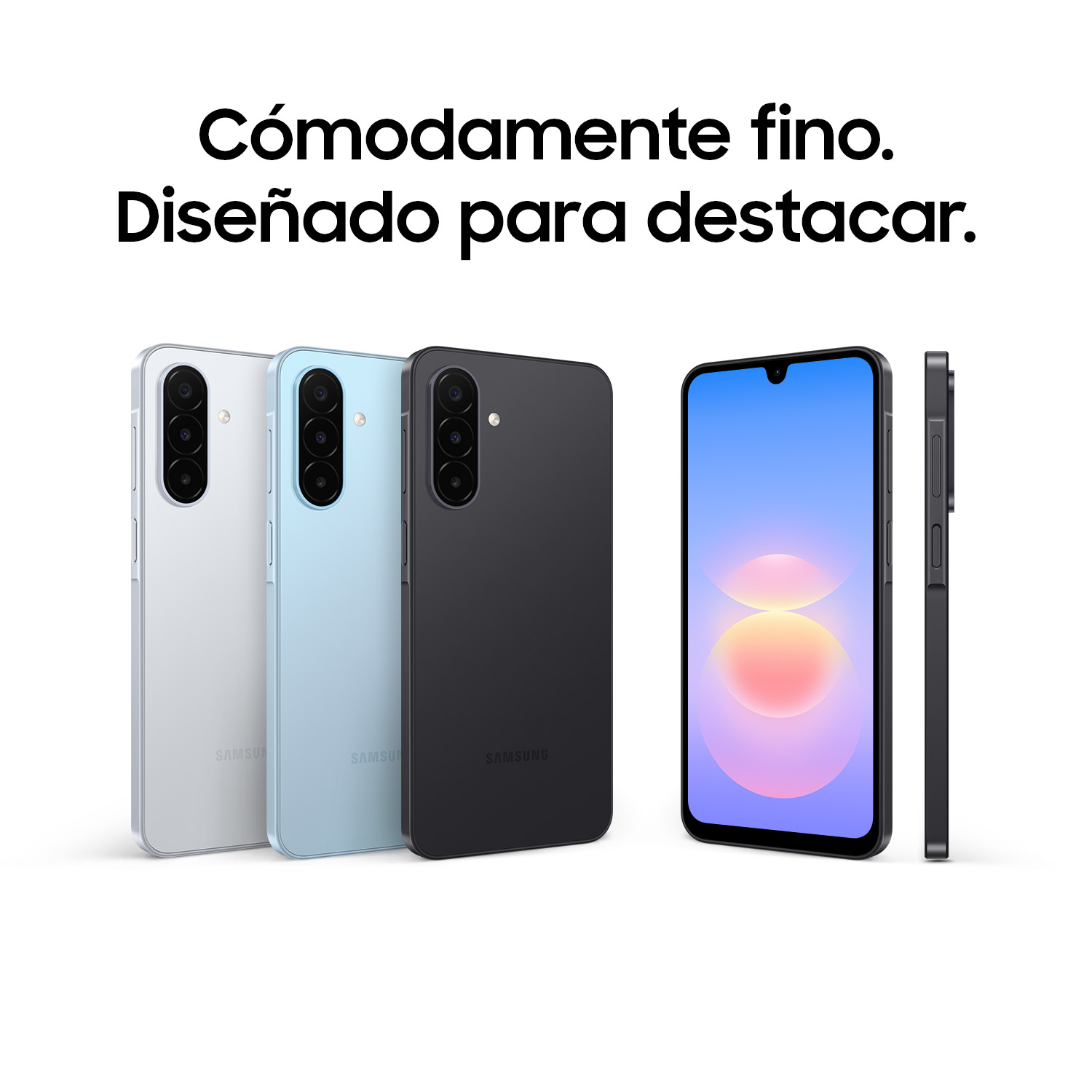 Tres smartphones Samsung en blanco, azul y negro muestran vistas trasera y frontal con texto arriba.