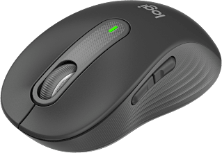 Egy szürke vezetéknélküli Logitech egér görgővel és jelzőfénnyel sötét háttér előtt.
