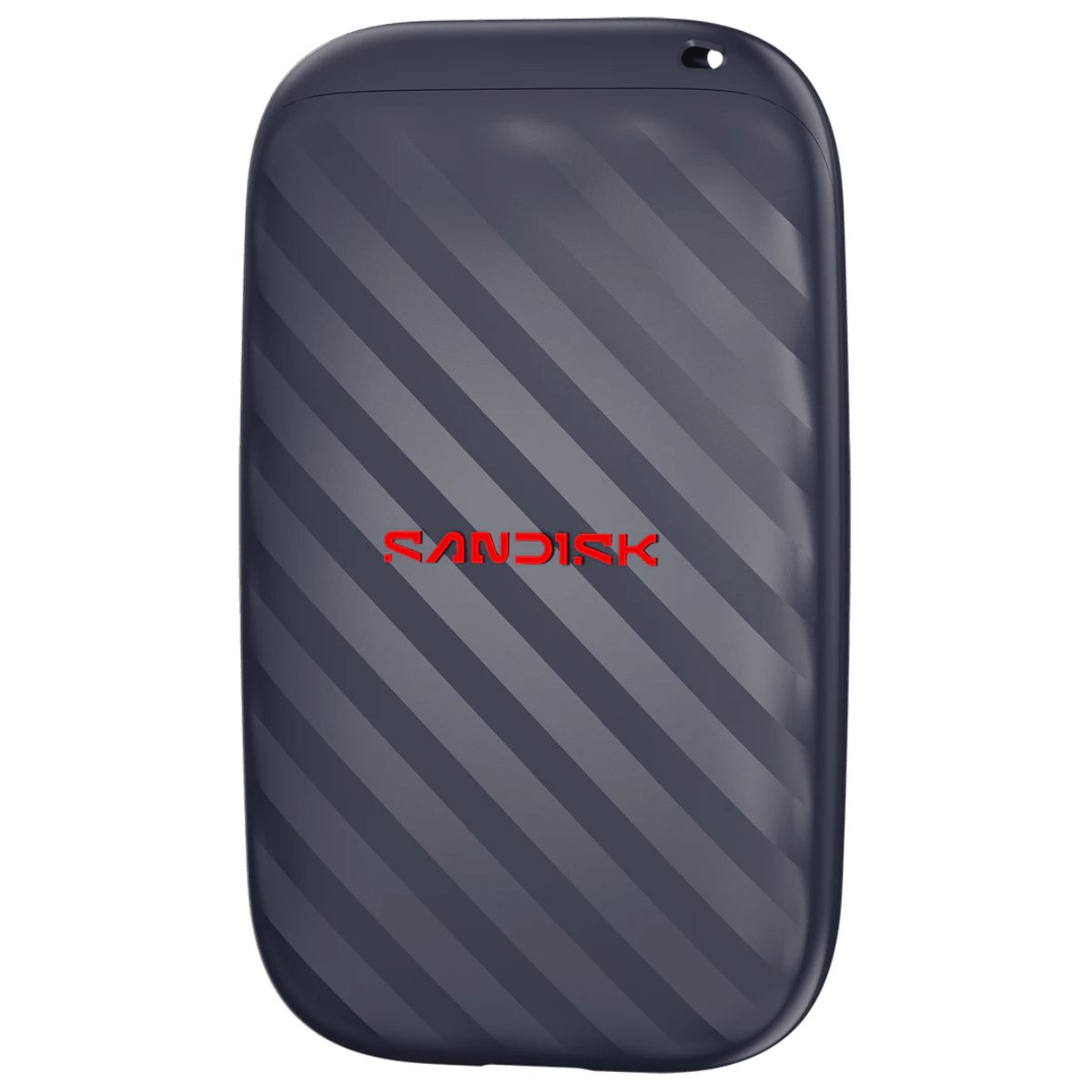 Disco duro externo SanDisk gris oscuro con rayas diagonales y logotipo rojo sobre fondo negro.