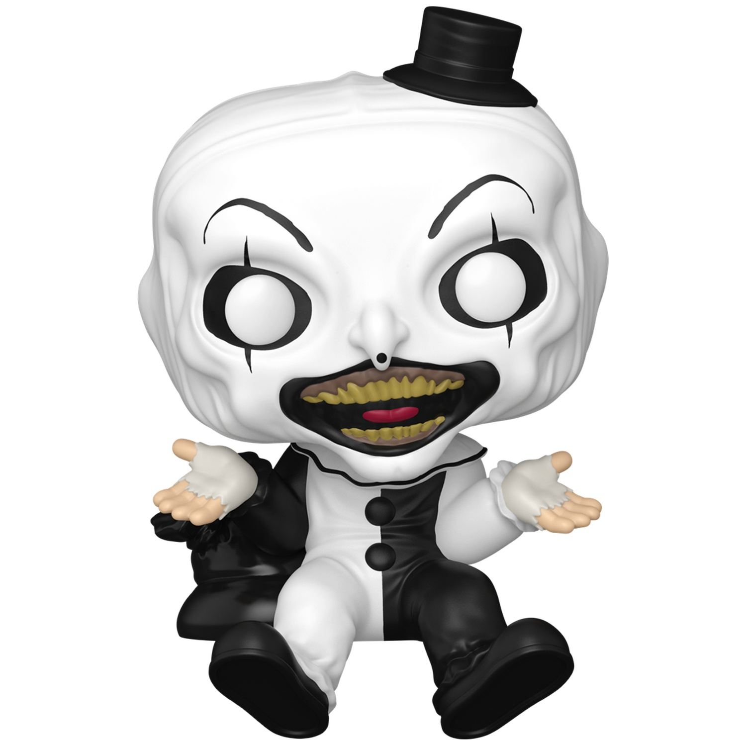 Een Funko Pop-figuur van Art the Clown zittend, in zwart-wit pak, hoge hoed en lachend met gele tanden.