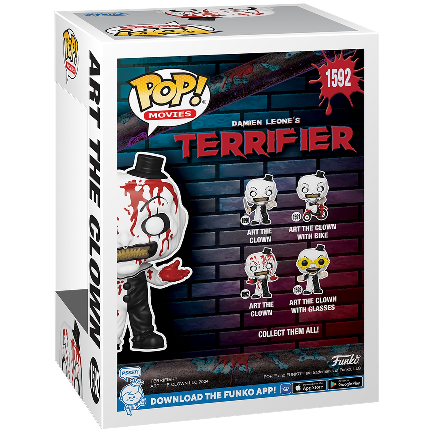 Dos d'une boîte Funko Pop Terrifier 3 montrant Art the Clown et d'autres figurines.