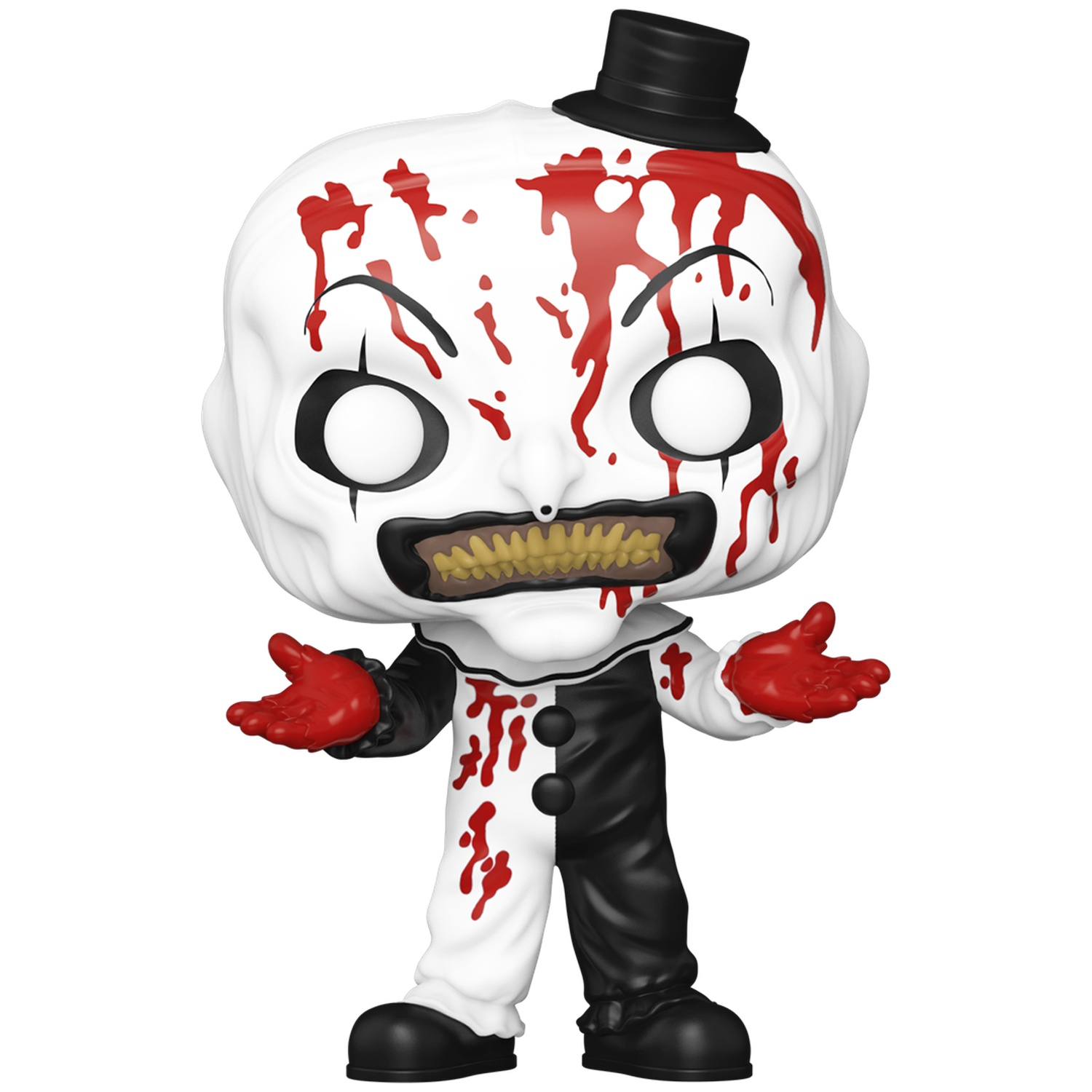 Une figurine ensanglantée d'Art the Clown avec un chapeau haut de forme noir et un costume noir et blanc.