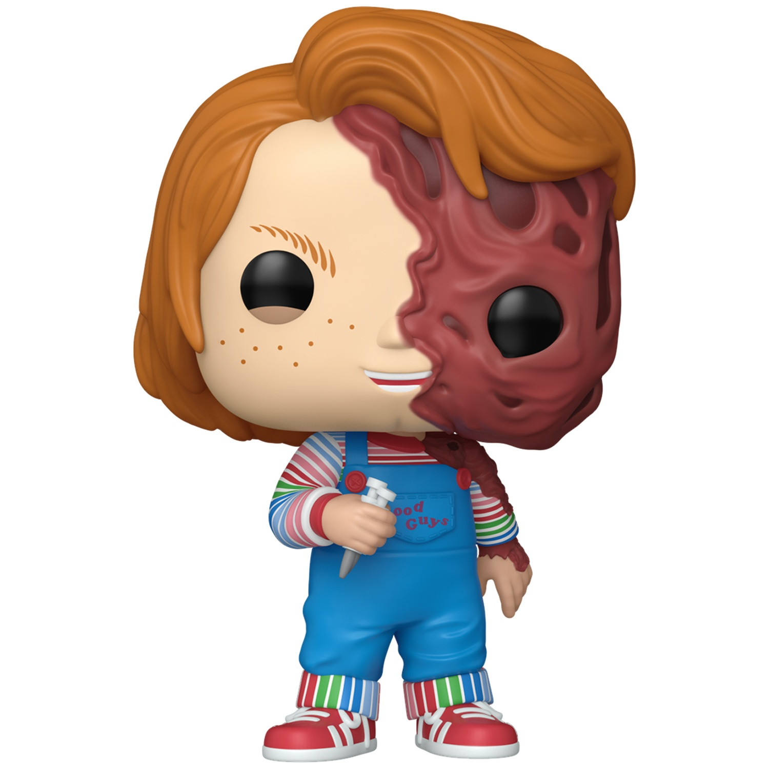 Chucky Funko Pop-figuur met een verbrand gezicht en blauwe tuinbroek.