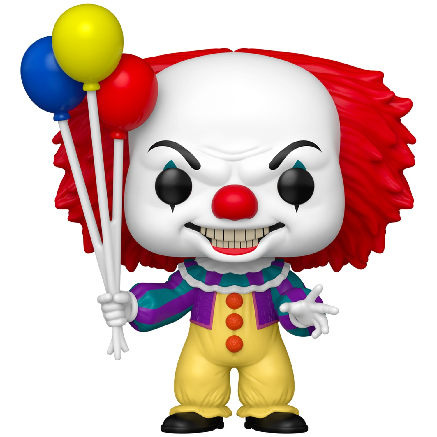 Een griezelige Pennywise Funko Pop-figuur met rood haar, een kleurrijk kostuum en drie gekleurde ballonnen.