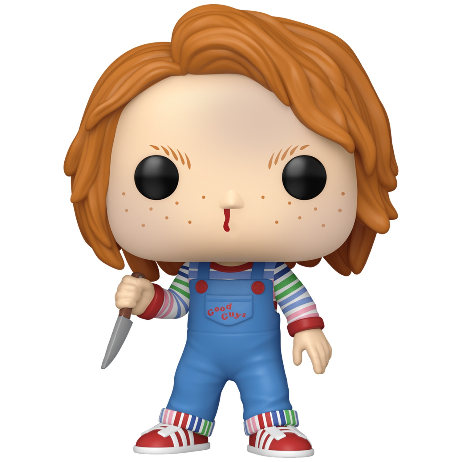 Een Chucky Funko Pop-figuur met oranje haar, blauwe tuinbroek, gestreept shirt en een klein mes in zijn hand.