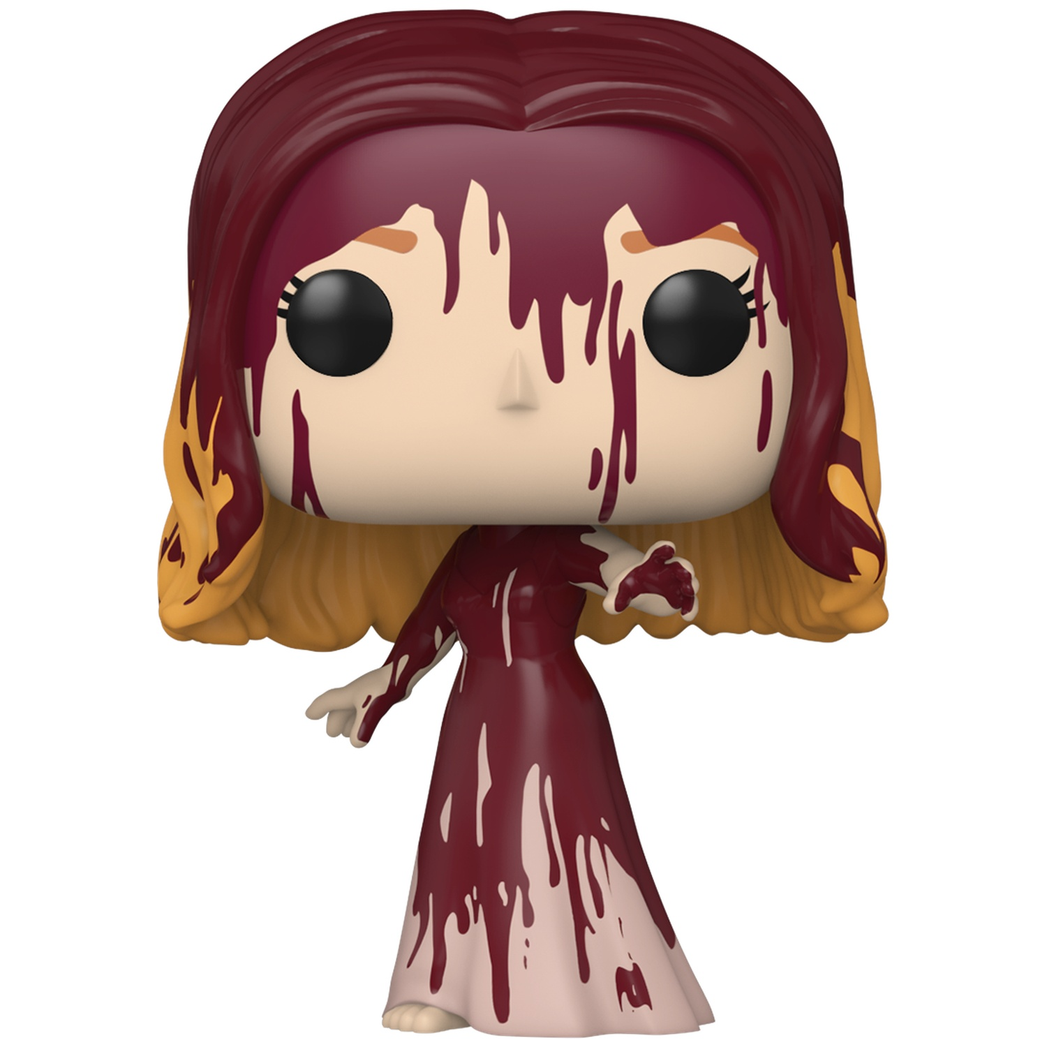 Een Funko Pop-figuur van een vrouw in een bloeddoorzeefde jurk met rood haar.