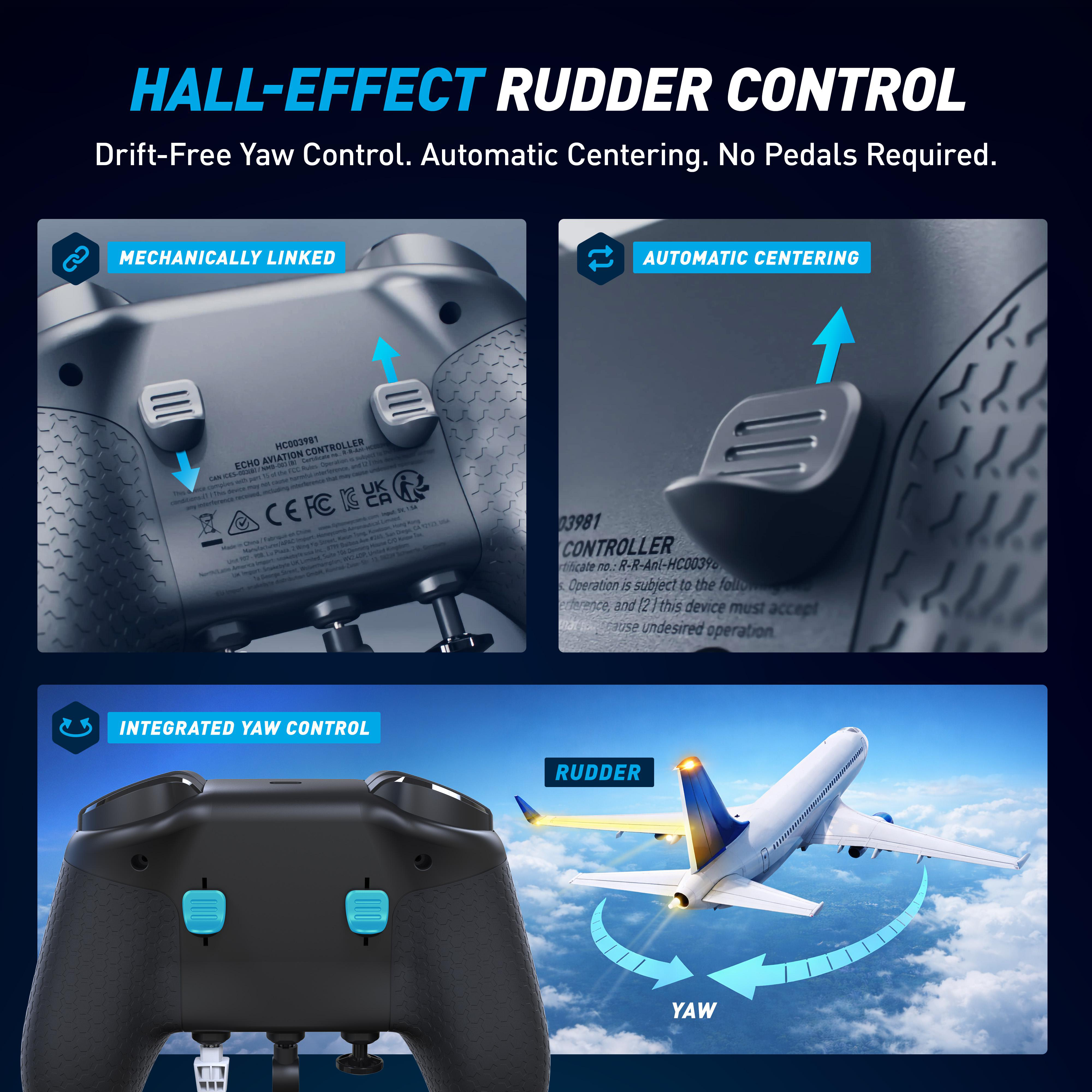 Ein Werbebild zeigt Gamepad-Funktionen für Hall-Effekt-Rudersteuerung mit mechanischer Kopplung und Zentrierung.