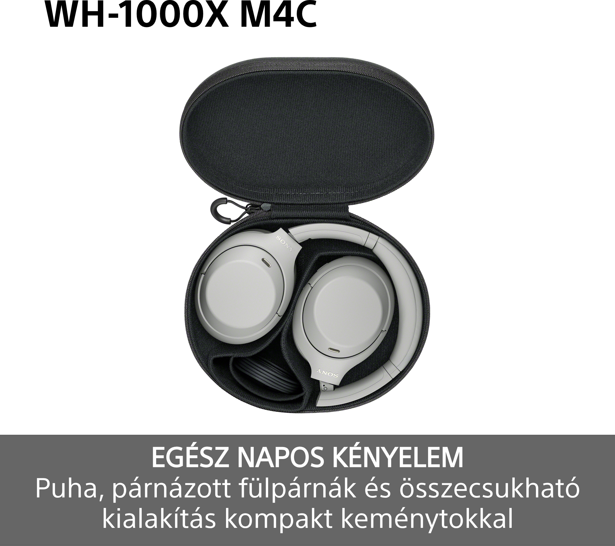 Szürke Sony fejhallgató rendezetten elhelyezve egy nyitott fekete kemény tokban.