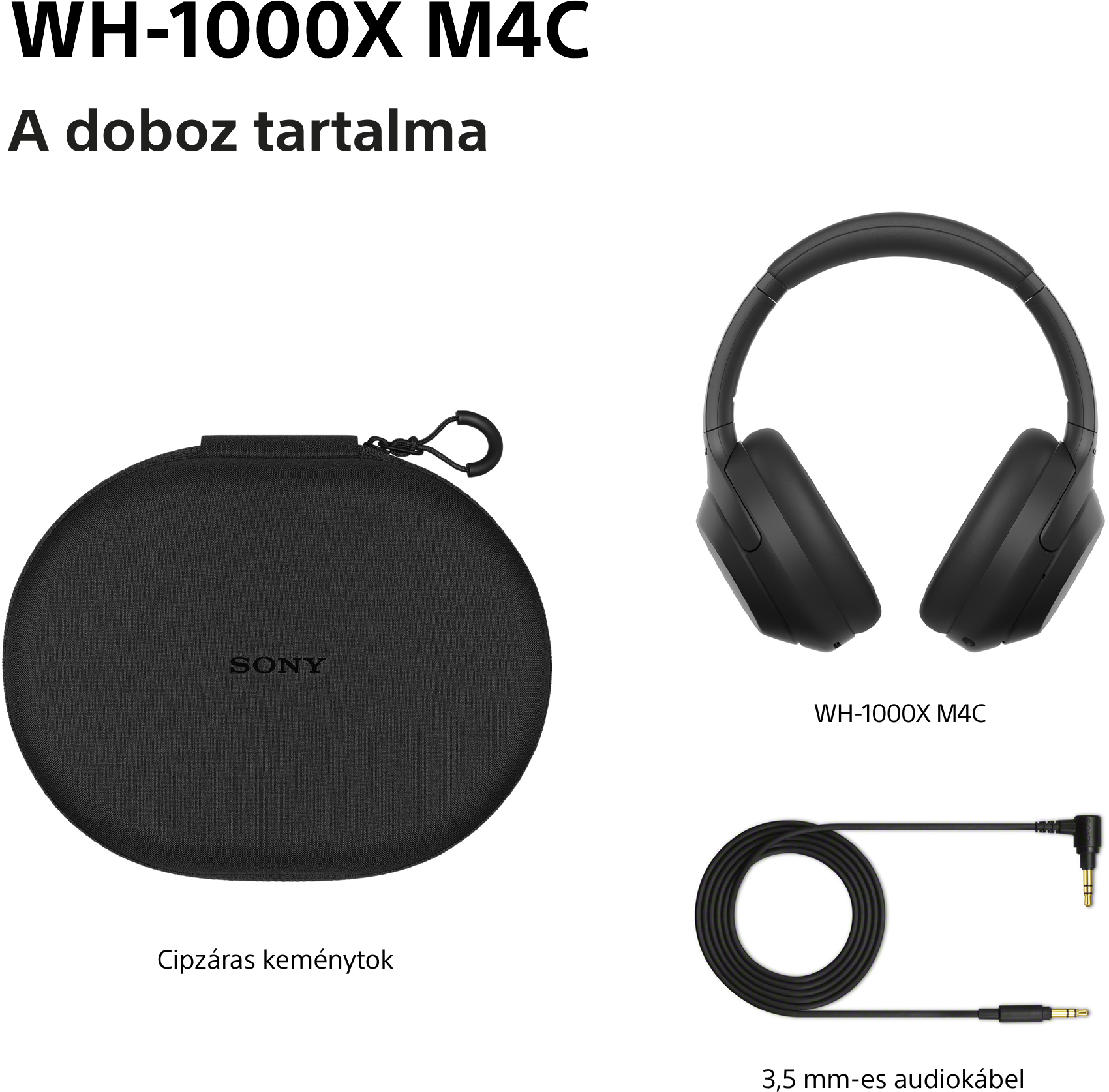 Sony fejhallgató, keménytok és audiokábel fehér alapon magyar felirattal.
