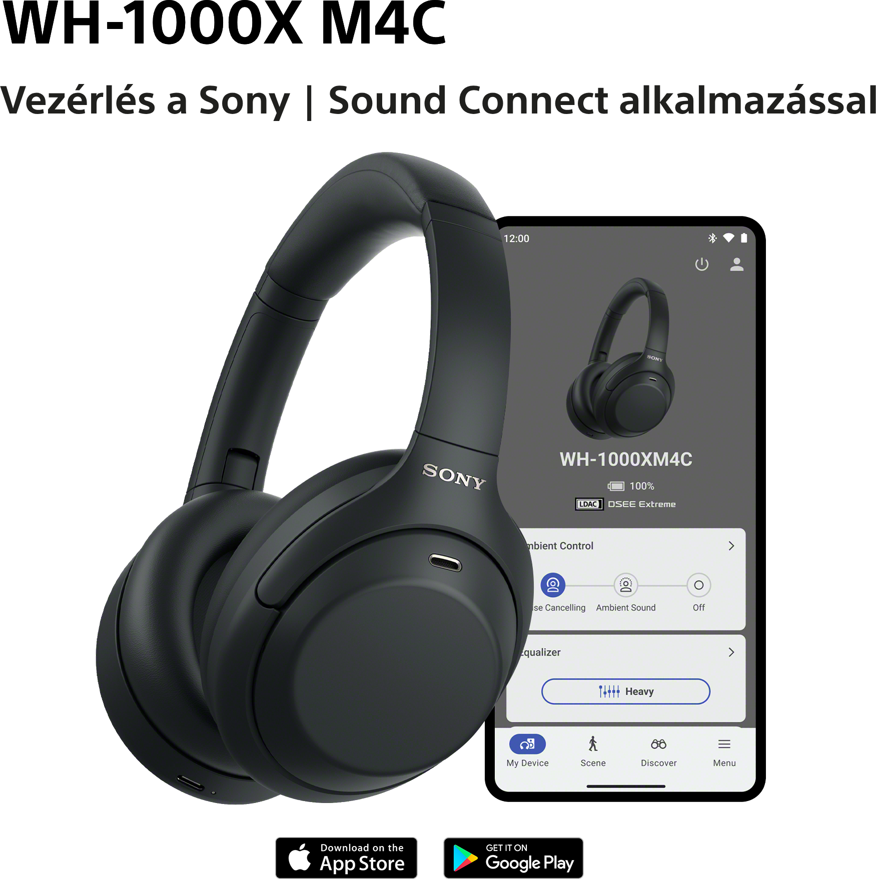 Fekete Sony WH-1000XM4C fejhallgató okostelefonos alkalmazásvezérléssel.
