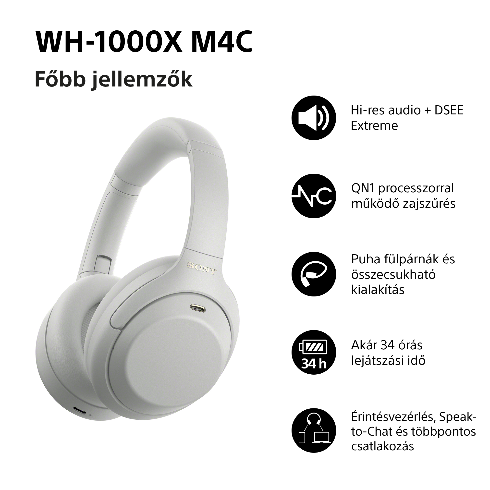 Fehér Sony WH-1000XM4C fejhallgató a főbb jellemzők ikonjaival.