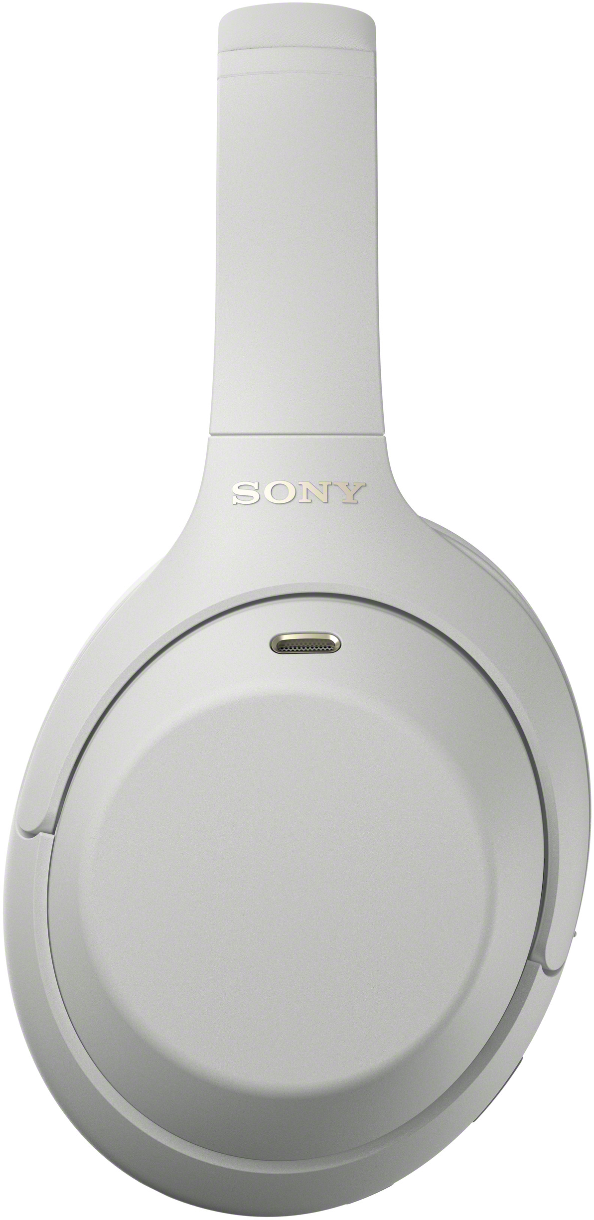 Szürke Sony fejhallgató, a fülkagylón a logó és egy USB-C csatlakozó látható.