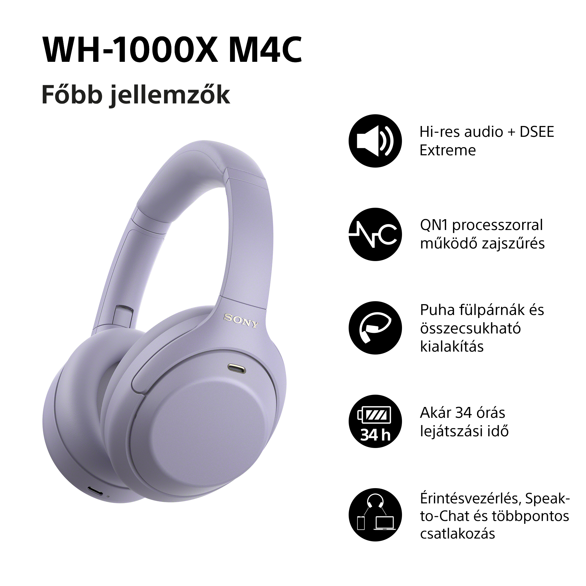 Lila Sony WH-1000XM4 fejhallgató magyar nyelvű jellemzőkkel.
