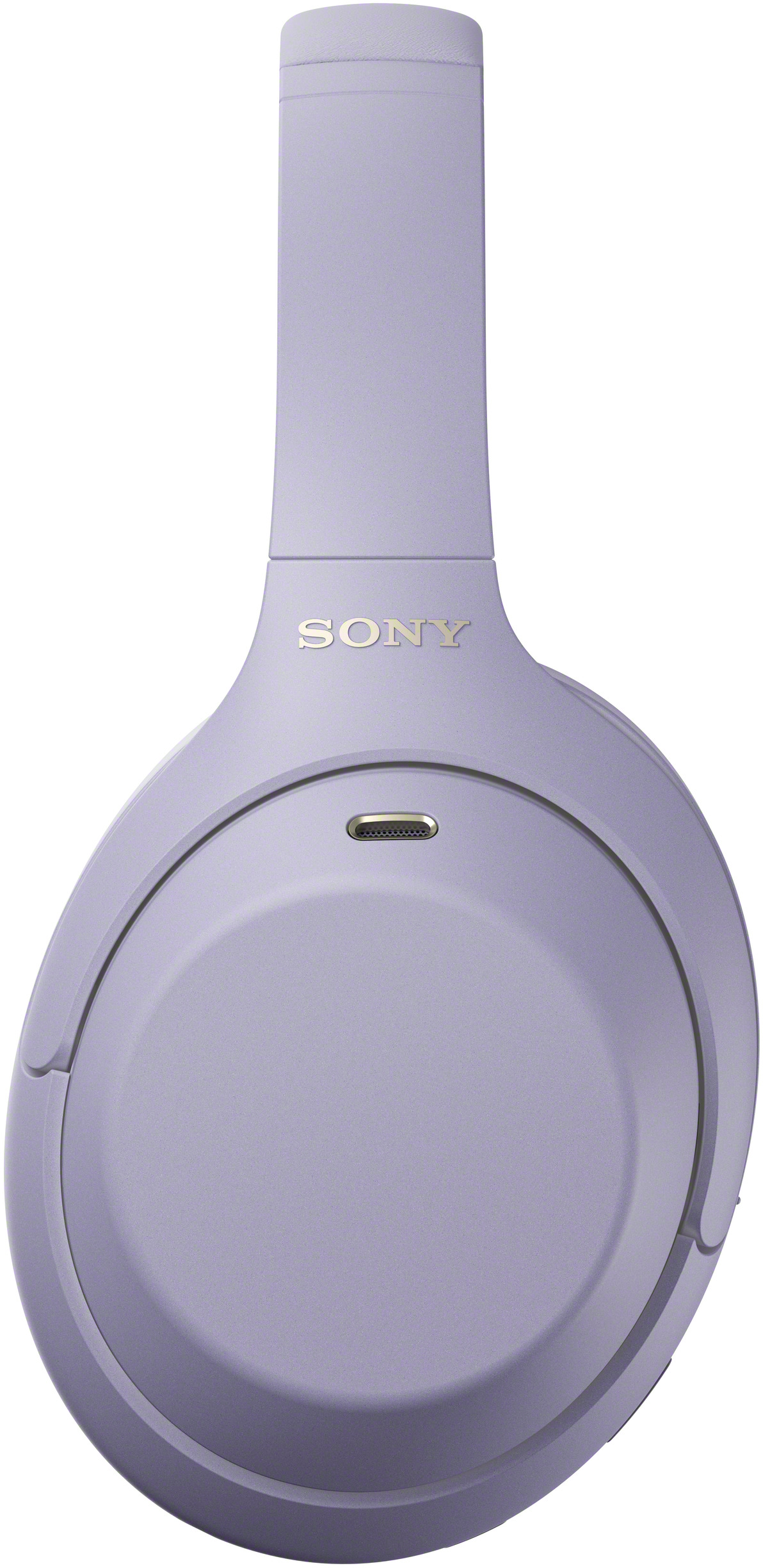 Lila színű Sony fejhallgató USB-C porttal fehér háttér előtt.