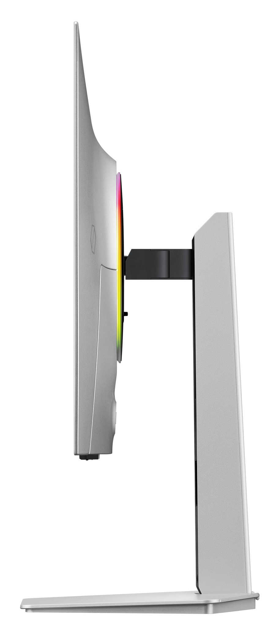 Widok z boku srebrnego monitora z podstawą i kolorowymi światłami RGB z tyłu.