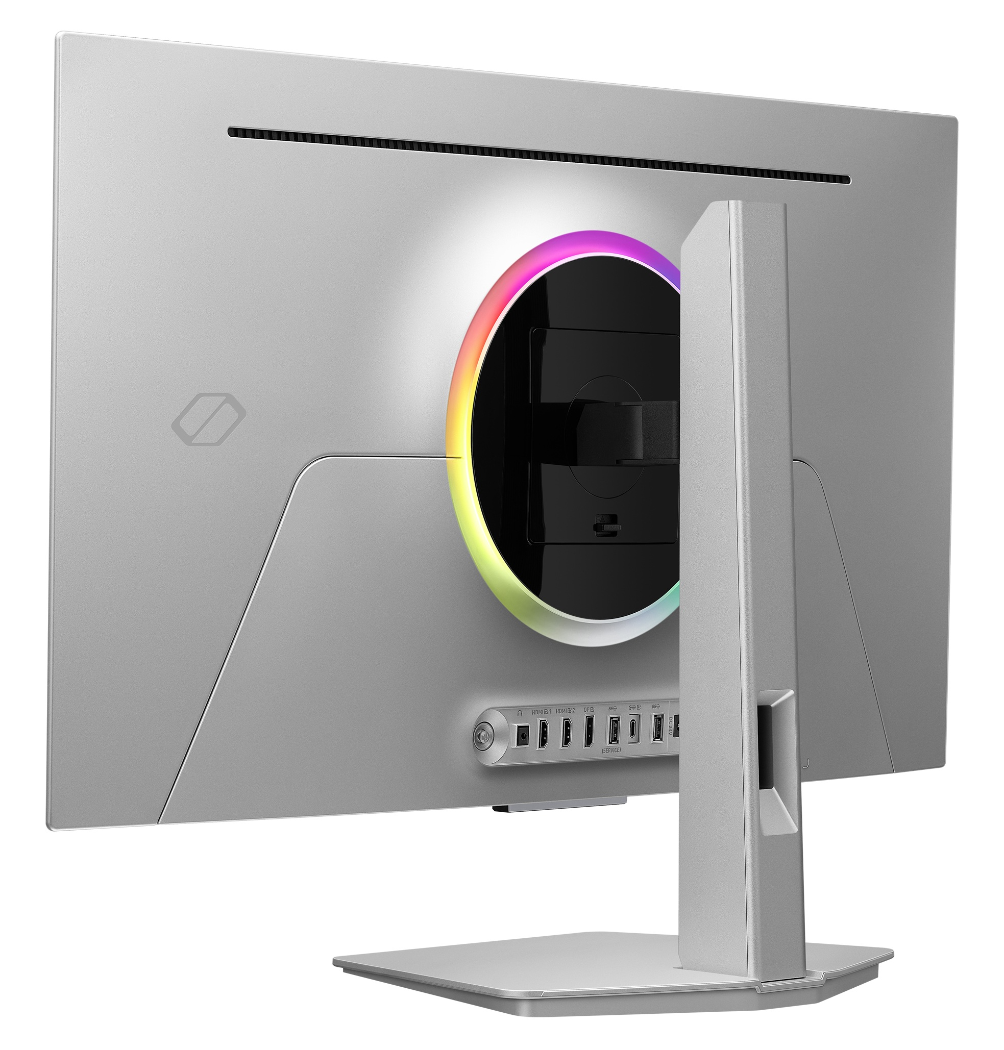 Widok z tyłu srebrnego monitora z podświetlanym pierścieniem RGB, wieloma portami i solidną podstawą.