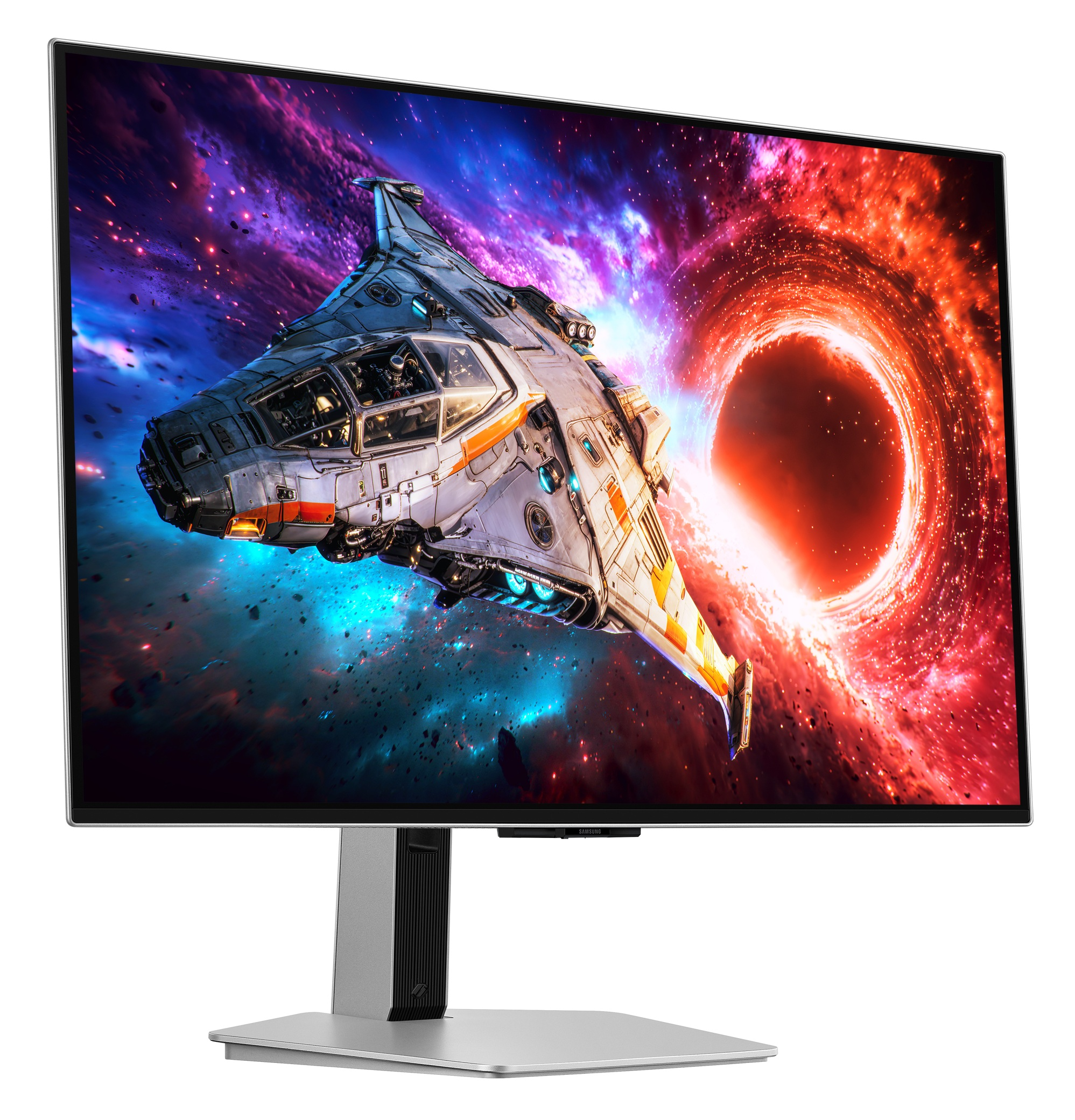 Zakrzywiony monitor Samsung wyświetla statek kosmiczny na tle czerwonej supernowej.
